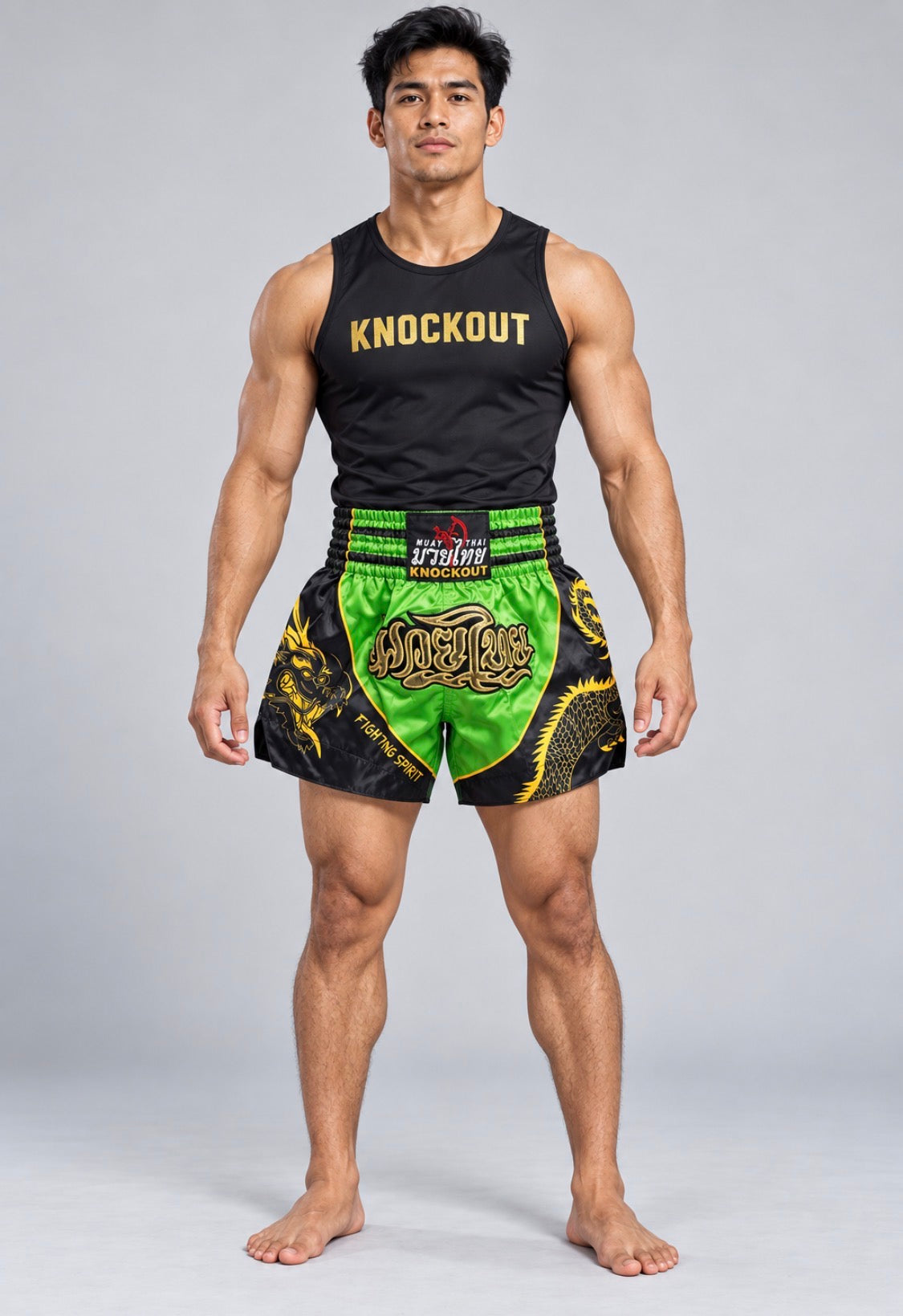 Knockout Muay Thai Dragon Shorts Green on model
