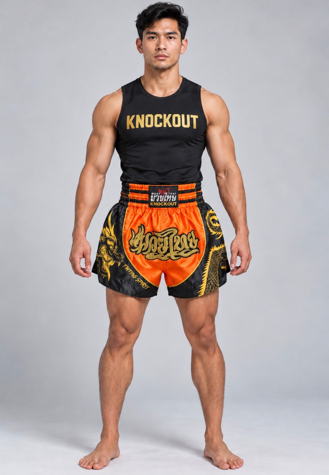 Knockout Muay Thai Dragon Shorts Orange on model