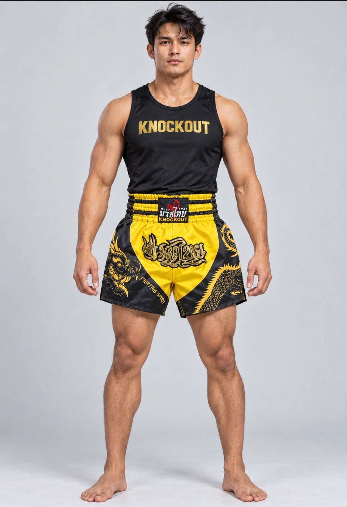 Knockout Muay Thai Dragon Shorts Yellow on model