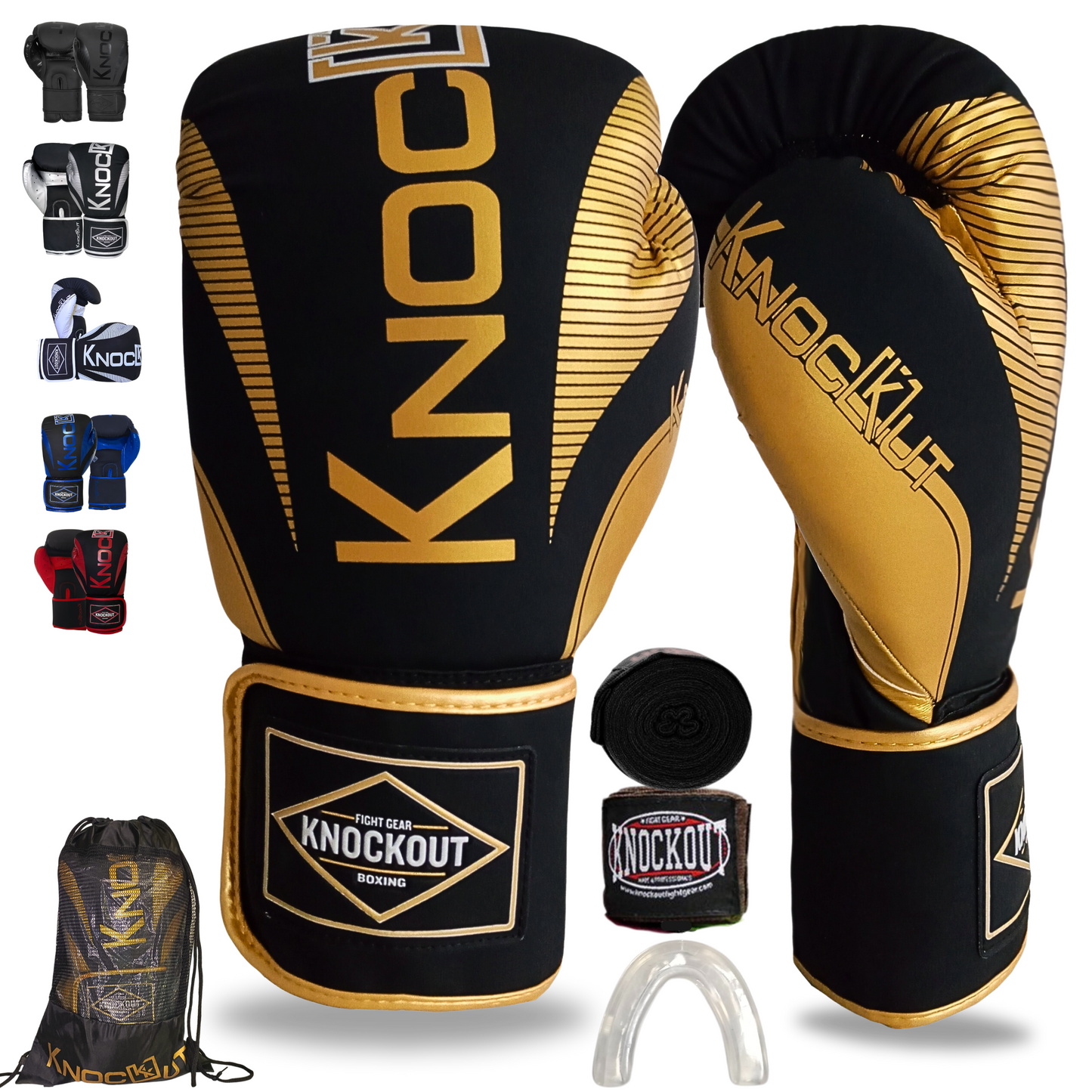 Knockout Elite Boxing Gloves with Hand Wraps and Mouth Guard for Men, Women Muay Thai, Kickboxing, Youth Heavy Bag Workouts, and Home Gym Training