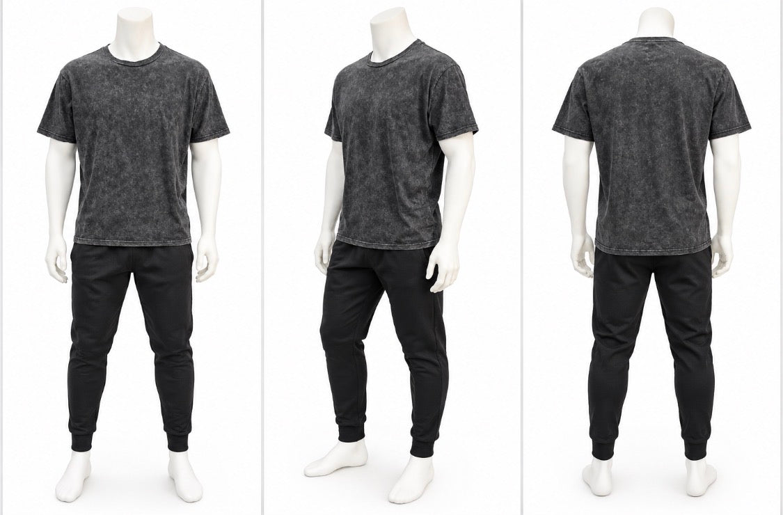 Gray washed T-shirt front, angled, and back views