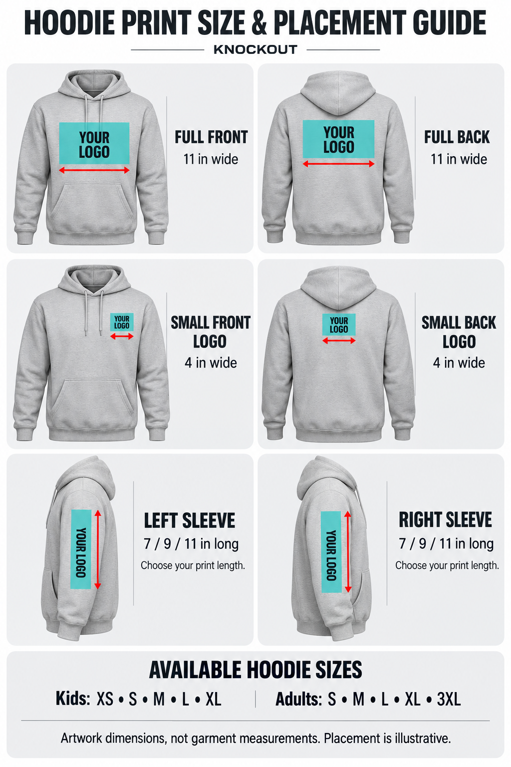 Hoodie print placement guide: 11-inch full front and back, 4-inch small front and back logos, and sleeve lengths of 7, 9 or 11 inches.