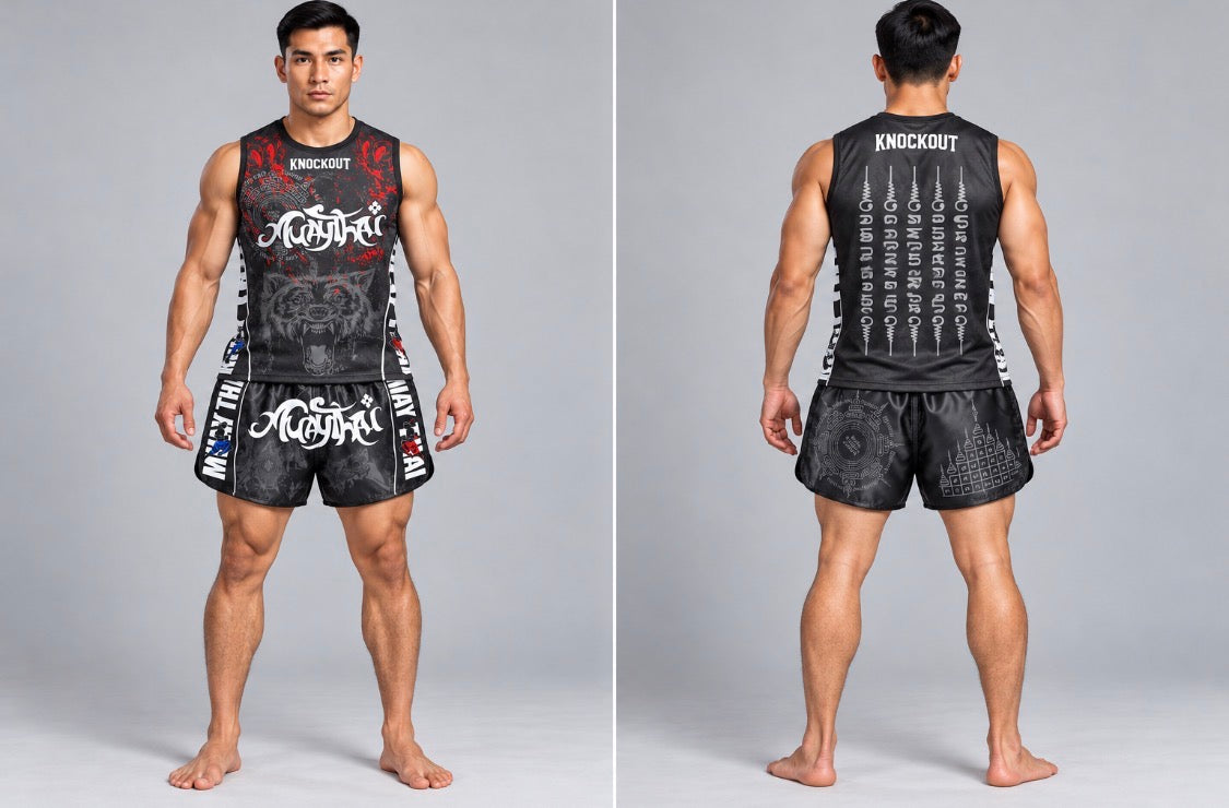 Knockout Muay Thai black fighting set front and back on model