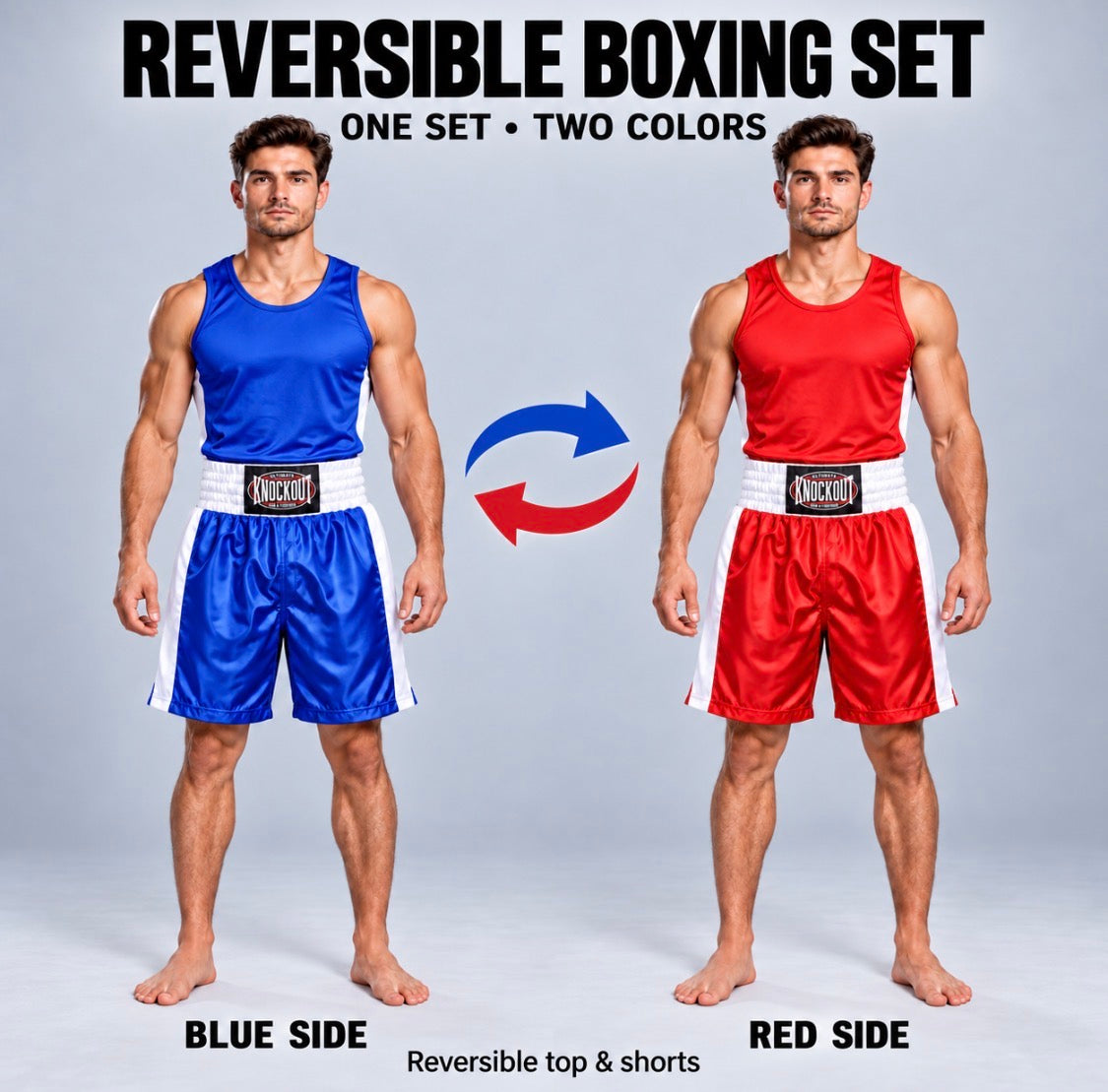 Blue and red sides of the Knockout reversible boxing top and shorts set