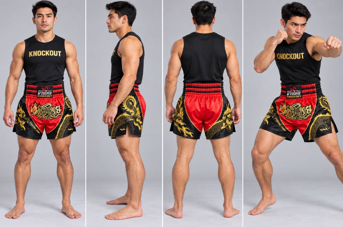 Four model poses of Knockout Muay Thai dragon shorts