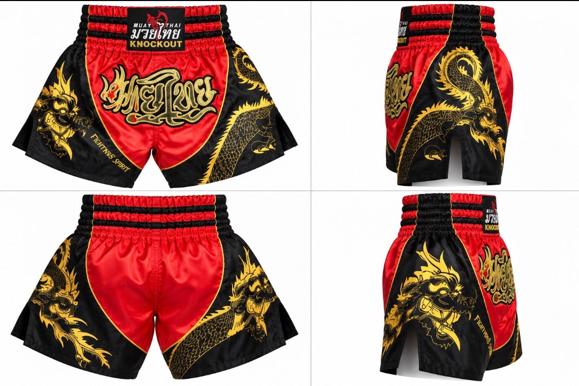 Front back and side views of Muay Thai shorts