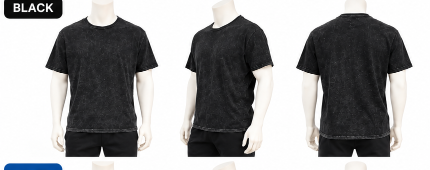 Black washed T-shirt front side back